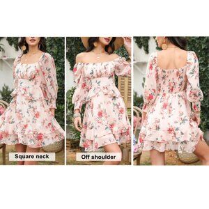 EXLURA (NWT) Empire 3/4 Sleeve Peasant Ruffle Mini Dress, Peach/Pink Multi - L